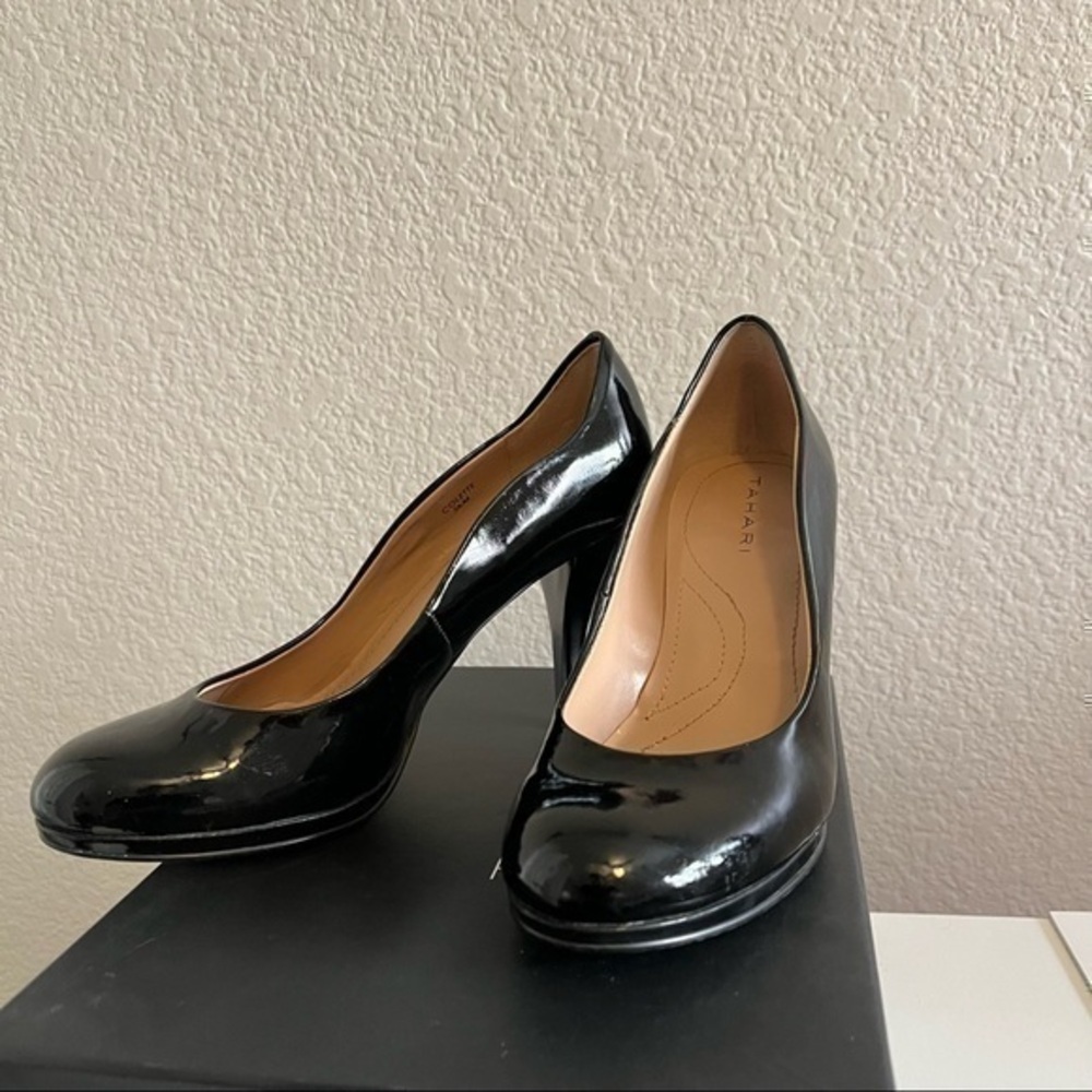 Tahari black patent pumps
